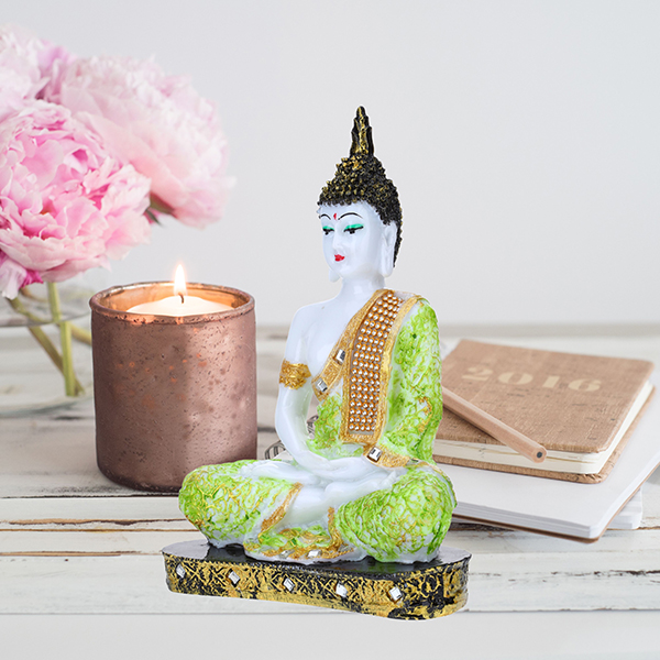 Meditation Buddha Showpiece for Home Decor (Green & White) Polyresin – 9.5 Inch
