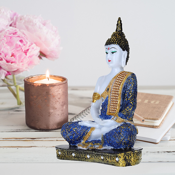 Meditation Buddha Showpiece for Home Decor (Blue & White) Marble – 9.5 Inch