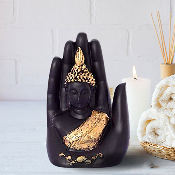 Palm Buddha Showpiece for Home Decor (Golden & Black) Polyresin – 7 Inch