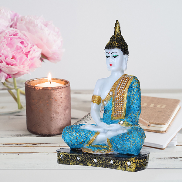 Meditation Buddha Showpiece for Home Decor (Blue & White) Marble – 9.5 Inch