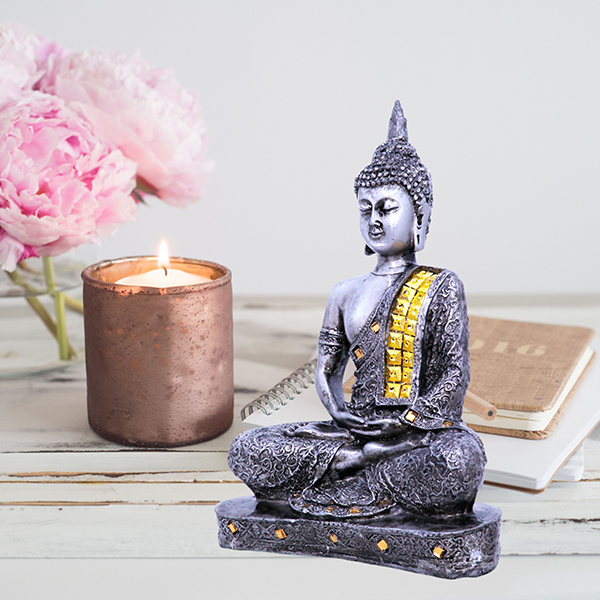 Meditation Buddha Showpiece for Home Decor (Silver) Polyresin – 9.5 Inch