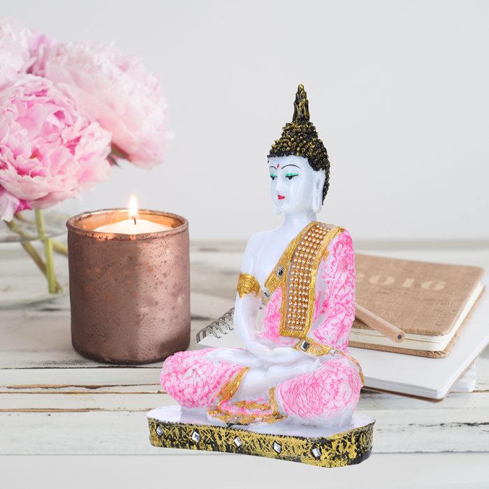 Meditation Buddha Showpiece for Home Decor (Pink & White) Marble – 9.5 Inch