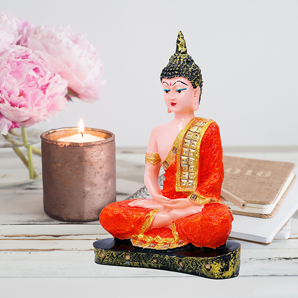Meditation Buddha Showpiece for Home Decor (Orange & Cream) Polyresin – 9.5 Inch