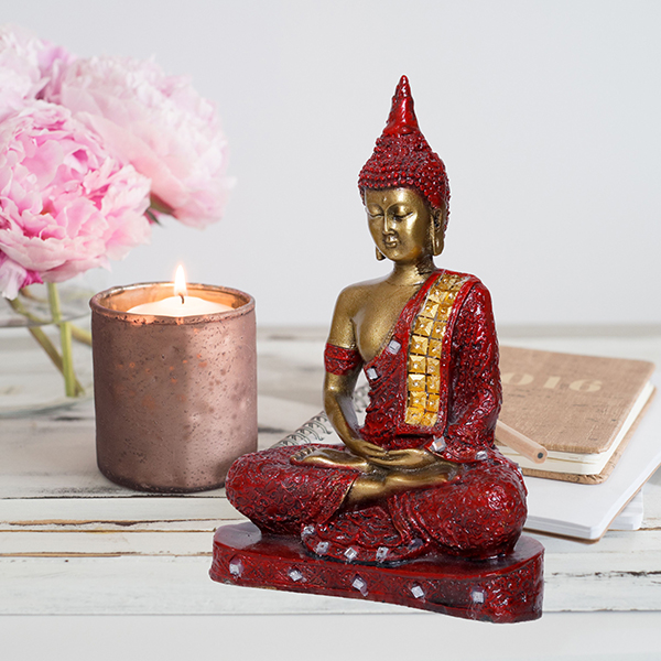 Meditation Buddha Showpiece for Home Decor (Red & Golden) Polyresin – 9.5 Inch
