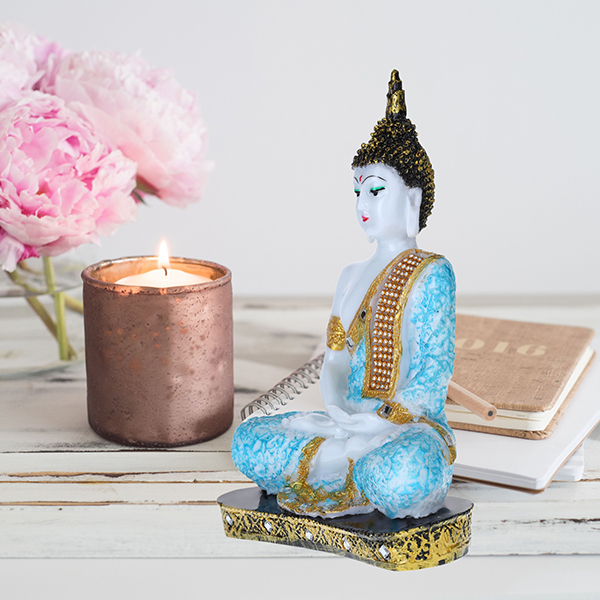 Meditation Buddha Showpiece for Home Decor (Blue & White) Marble – 9.5 Inch