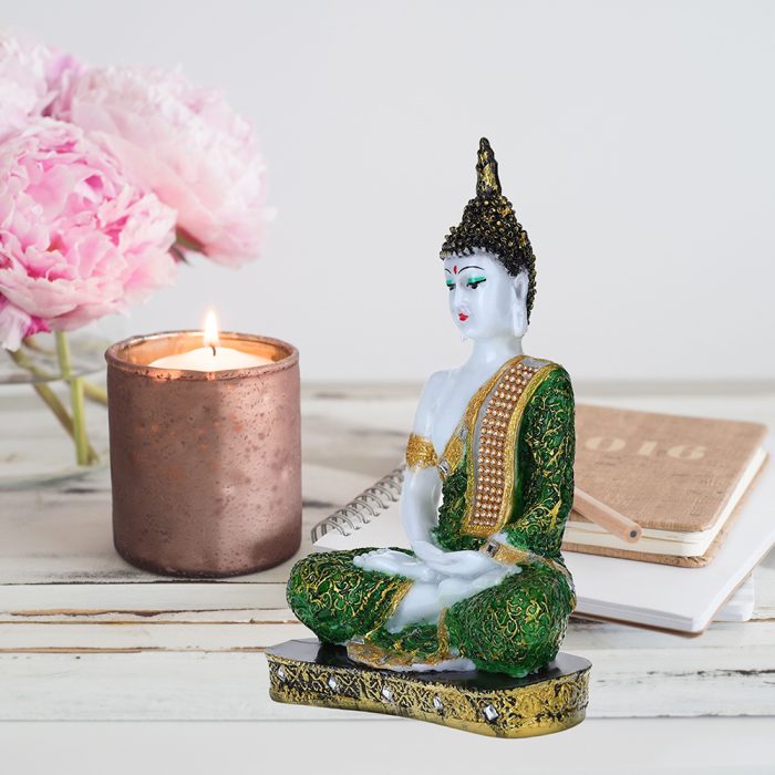 Meditation Buddha Showpiece for Home Decor (Green & White) Marble – 9.5 Inch
