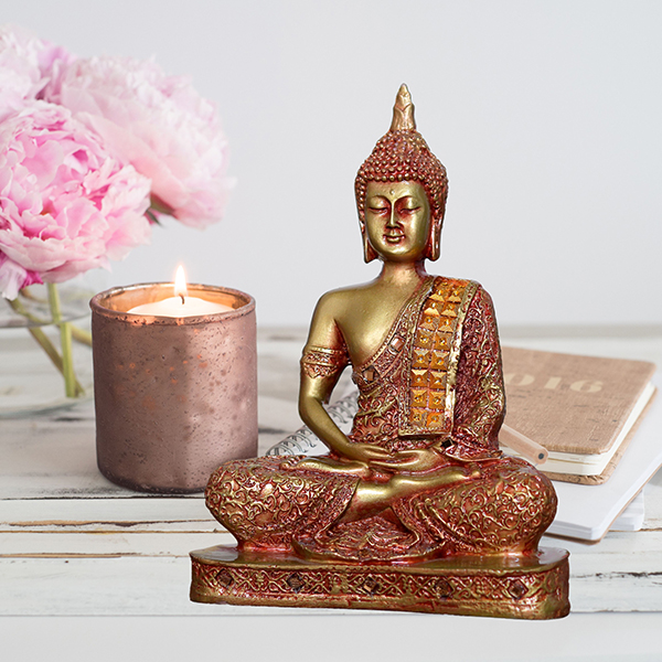 Meditation Buddha Showpiece for Home Decor (Red & Golden) Polyresin – 9.5 Inch