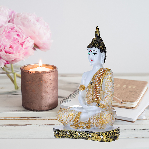 Meditation Buddha Showpiece for Home Decor (Golden & White) Marble – 9.5 Inch