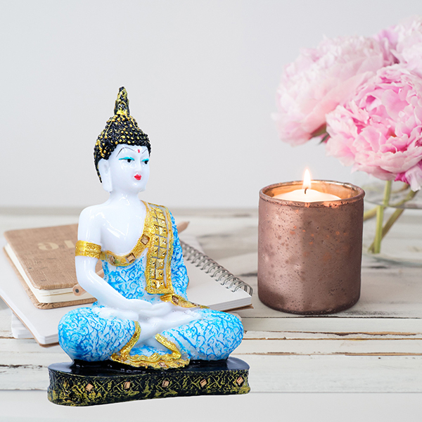 Meditation Buddha Showpiece for Home Decor (Sky Blue & White) Marble – 9.5 Inch