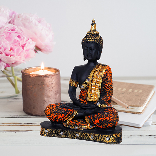 Meditation Buddha Showpiece for Home Decor (Orange & Black) Polyresin – 9.5 Inch