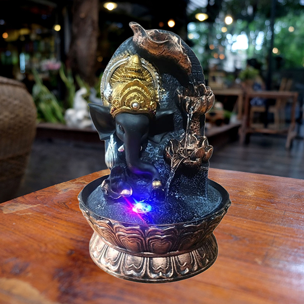 Lord Ganesha Water Fountain Showpiece for Home Decor (Black & Gold) Polyresin – 15 Inch