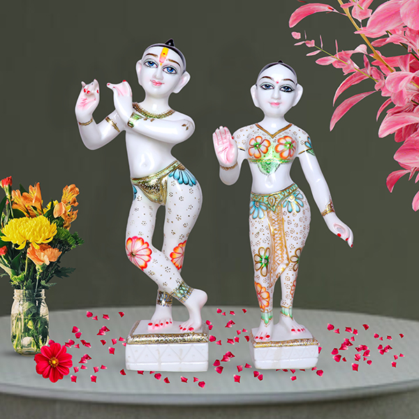 Jugal Jodi Radha & Krishna Idol Showpiece for Home Decor (White Flora Texture) Marble – 18 Inch