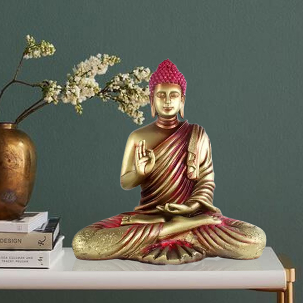Meditation Big Buddha Showpiece for Home Decor (Golden & Red) Polyresin – 15 Inch