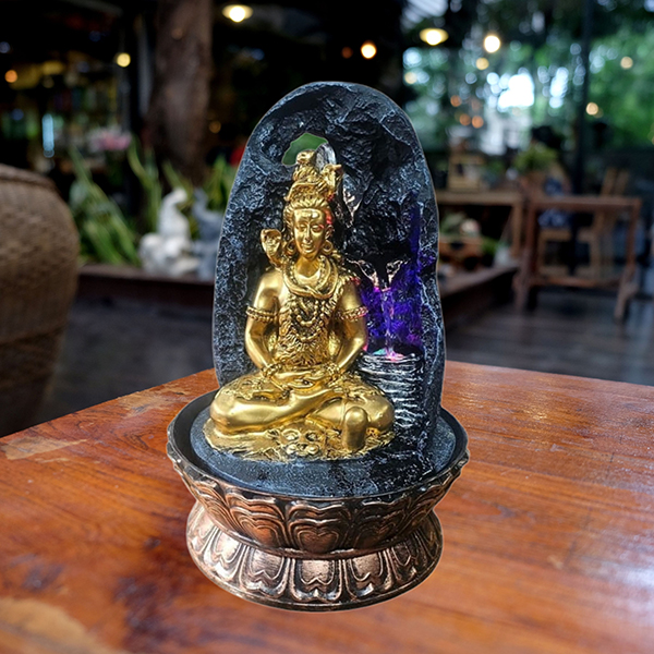 Lord Shiva Water Fountain Showpiece for Home Decor (Black & Gold) Polyresin – 15 Inch