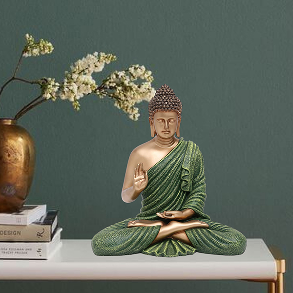 Meditation Big Buddha Showpiece for Home Decor (Green & Golden) Polyresin – 15 Inch