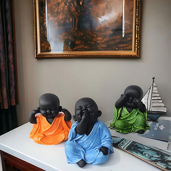 Baby Monk Buddha Idol Showpiece for Home Decor, Set of 3 (Multicolor) Marble – 5.5 Inch