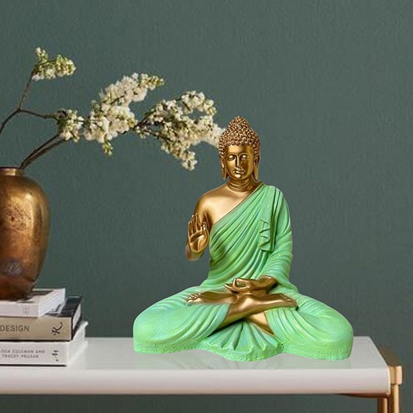 Meditation Big Buddha Showpiece for Home Decor (Green & Golden) Polyresin – 15 Inch