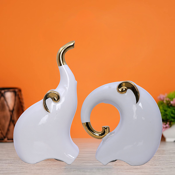 White Polyresin Elephant Figurines – Set of 2 (Gold Trim) (H- 21.5 & 15 cm)
