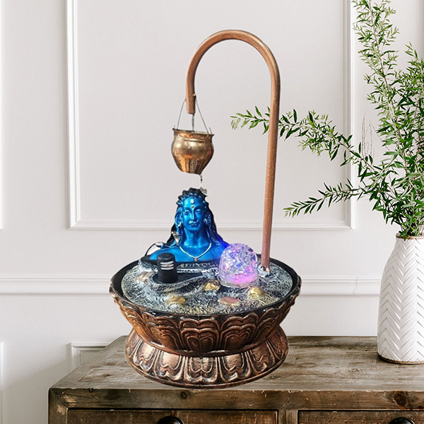 Adiyogi Water Fountain Showpiece for Home Decor (Blue & Gold) Polyresin – 15 Inch