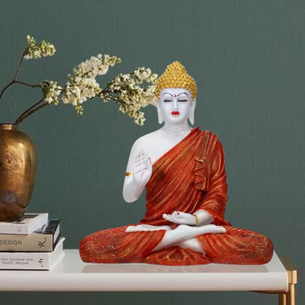Meditation Big Buddha Showpiece for Home Decor (Orange & White) Marble – 15 Inch