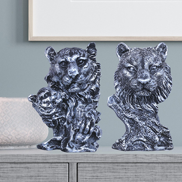Lion Showpiece Set of 2 for Home Decor (Silver) Polyresin – 6 Inch