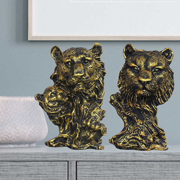 Lion Showpiece Set of 2 for Home Decor (Golden) Polyresin – 6 Inch