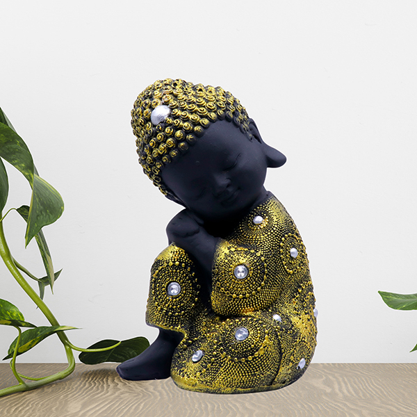 Baby Monk Buddha  Showpiece for Home Decor (Yellow & Black) Polyresin – 7 Inch