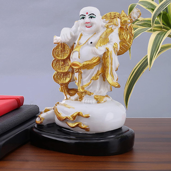 Laughing Buddha Showpiece for Home Decor (White & Gold) Marble – 7.5 Inch