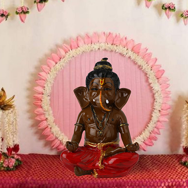 Meditating Ganesha Idol Showpiece for Home Decor (Brown & Red) Polyresin – 8 Inch