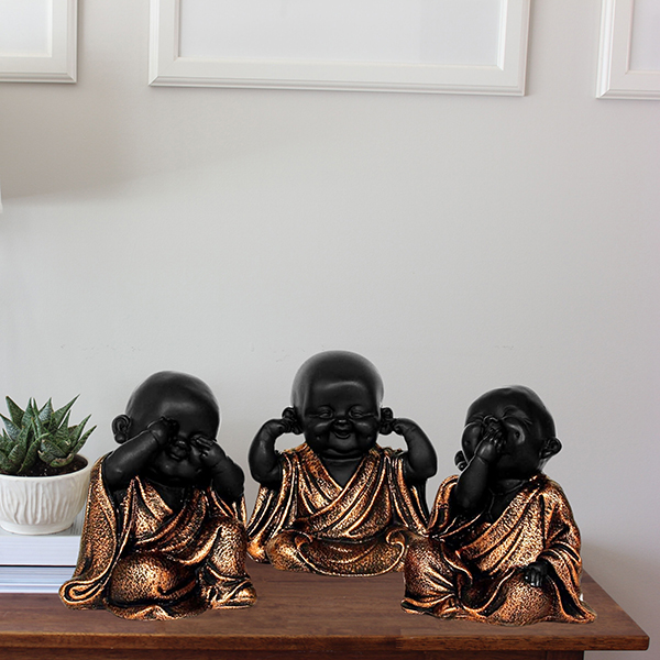 Baby Monk Buddha Idol Showpiece for Home Decor, Set of 3 (Copper & Black) Polyresin – 5.5 Inch