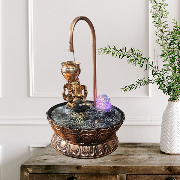 Ganesha Water Fountain Showpiece for Home Decor (Black & Gold) Polyresin – 15 Inch