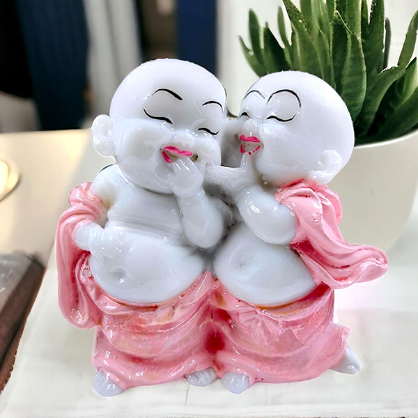 Laughing Monk Buddha Showpiece for Home Decor (Pink & White) Marble – 4 Inch
