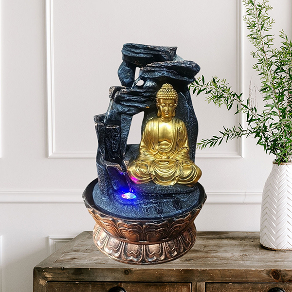 Buddha Water Fountain Showpiece for Home Decor (Black & Gold) Polyresin – 15 Inch