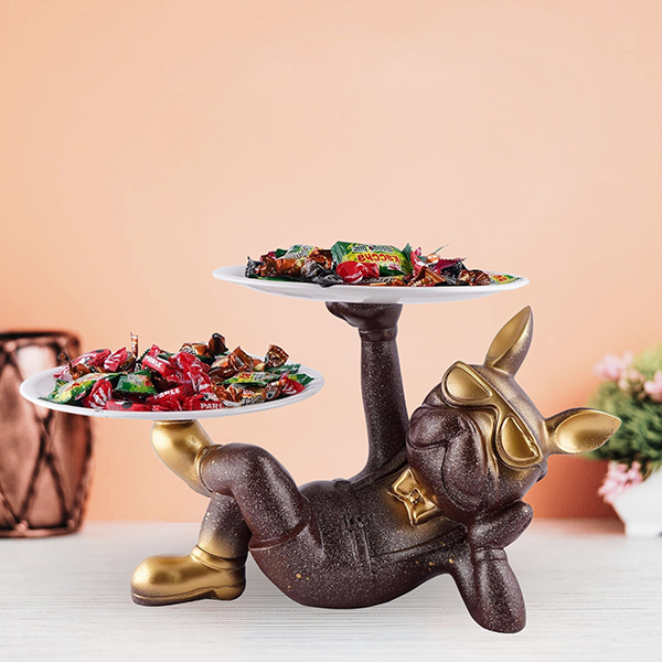 7- inches Luxury Double Tray Bulldog Snack & Candy Holder – 10-Inch Resin Decorative Organizer (Black & Gold)