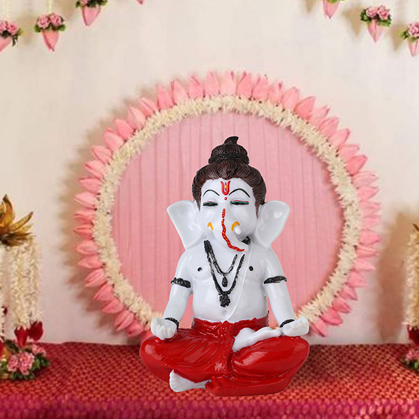 Meditating Ganesha Idol Showpiece for Home Decor (Red) Marble – 8 Inch