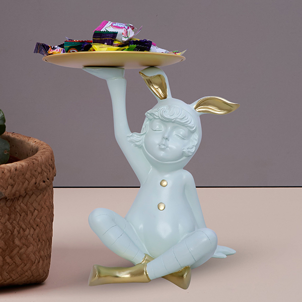 9.5-Inch White Bunny Boy Figurine with Serving Tray