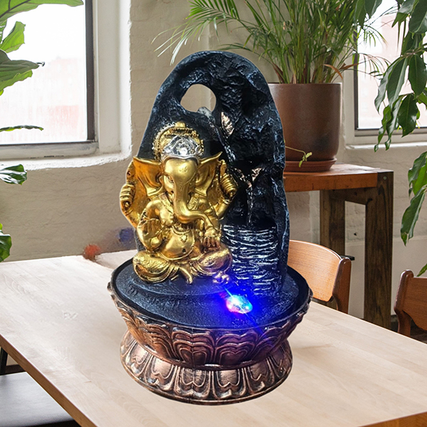 Lord Ganesha Water Fountain Showpiece for Home Decor (Black & Gold) Polyresin – 15 Inch