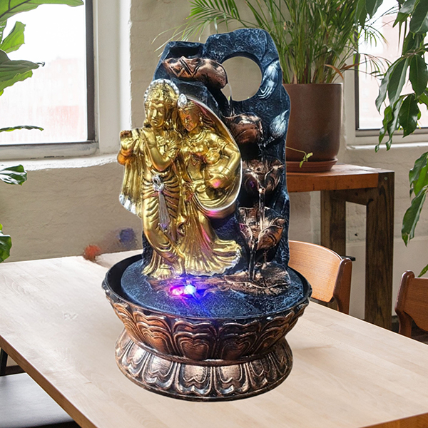Radha-Krishna Water Fountain Showpiece for Home Decor (Black & Gold) Polyresin – 15 Inch