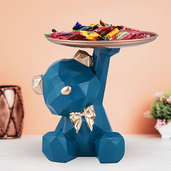 Geometric Blue Bear Candy Tray – 6-Inch Resin Decor Organizer with Gold Accents
