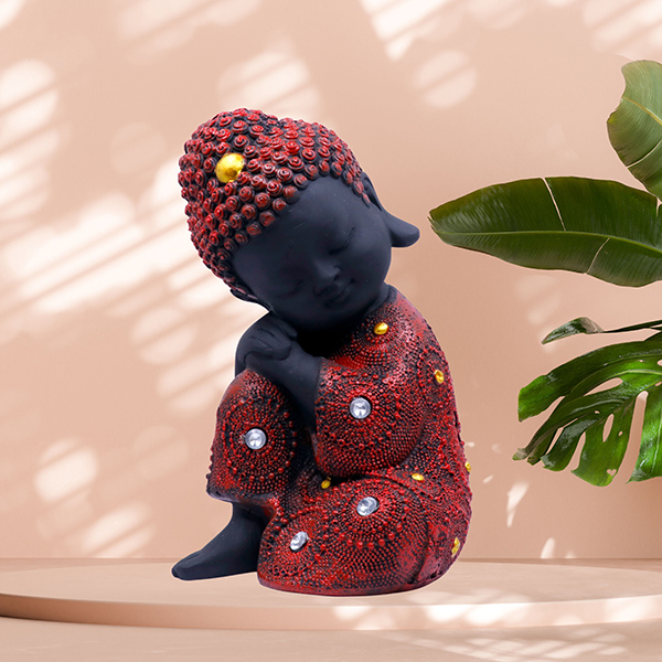 Baby Monk Buddha  Showpiece for Home Decor (Red & Black) Polyresin – 7 Inch