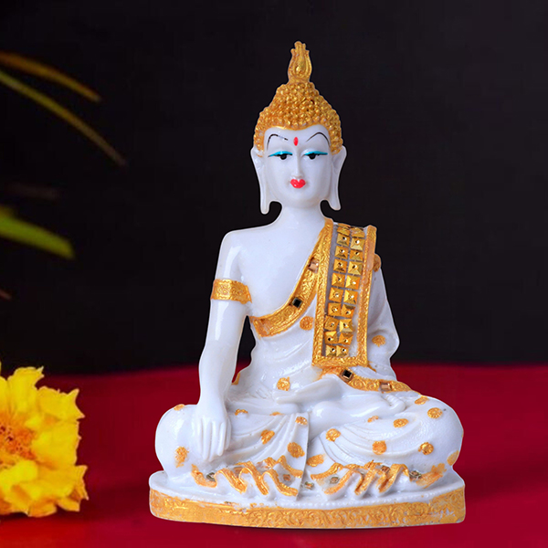 Hand Down Buddha Showpiece for Home Decor (White & Gold) Marble – 10.5 Inch