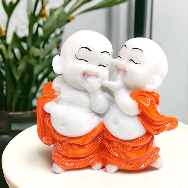 Laughing Monk Buddha Showpiece for Home Decor (Orange & White) Marble – 4 Inch