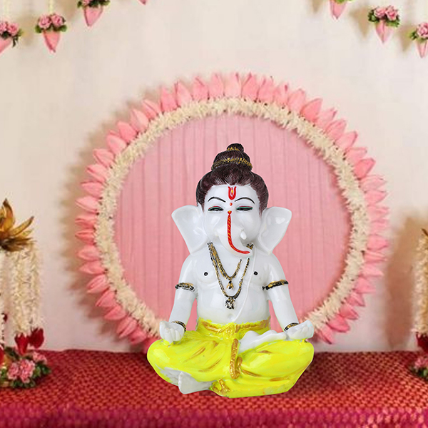Meditating Ganesha Idol Showpiece for Home Decor (Yellow) Marble – 8 Inch