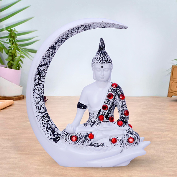Chand Buddha Idol Showpiece for Home Decor (White & Black) Polyresin – 8 Inch