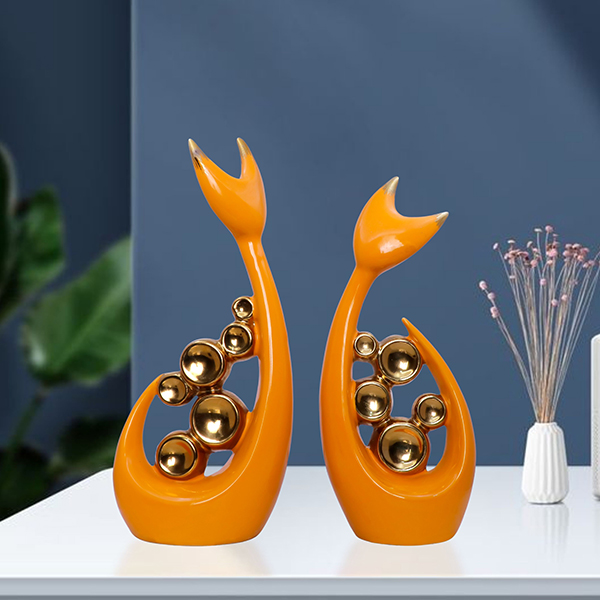 Orange Abstract Cat Figurines – Set of 2 with Gold Accents (H- 29 & 26 cm)