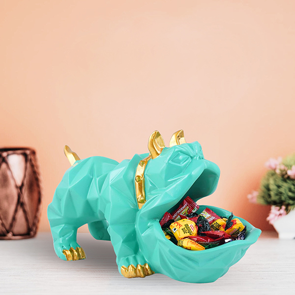 Geometric Bulldog Candy Holder – 6-Inch Mint Green Resin Dog Bowl with Gold Accents