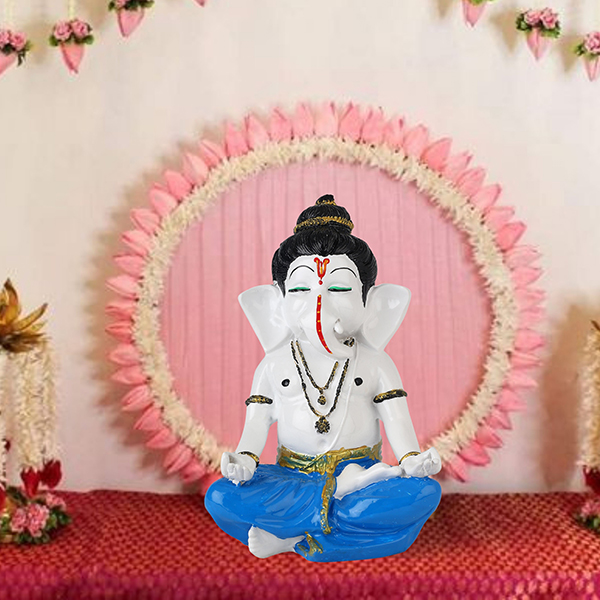 Meditating Ganesha Idol Showpiece for Home Decor (Blue) Marble – 8 Inch