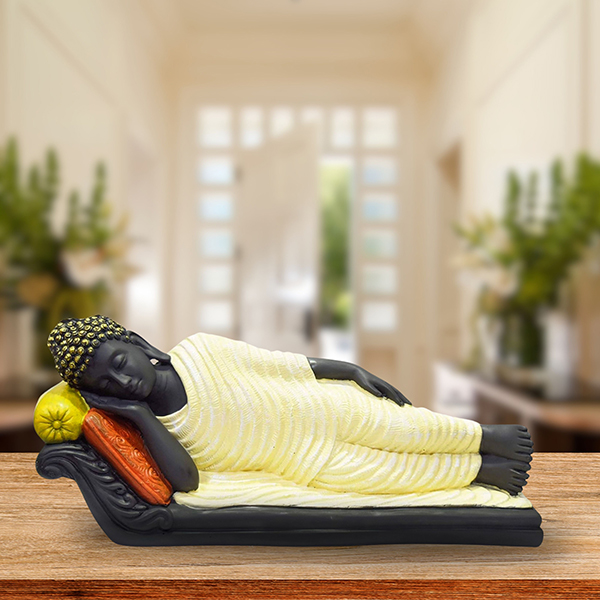 Sleeping Buddha Idol Showpiece for Home Decor (Cream & Black) Polyresin – 7.5 Inch