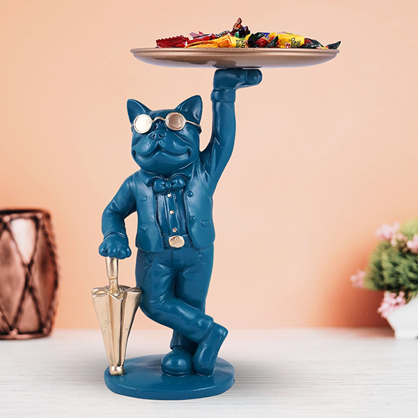 Blue French Bulldog Candy Dish Butler – 10-Inch Resin Dog Figurine with Golden Tray & Umbrella
