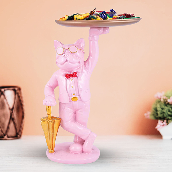 Pink French Bulldog Candy Dish Butler – 10-Inch Decorative Dog Figurine with Gold Tray & Umbrella